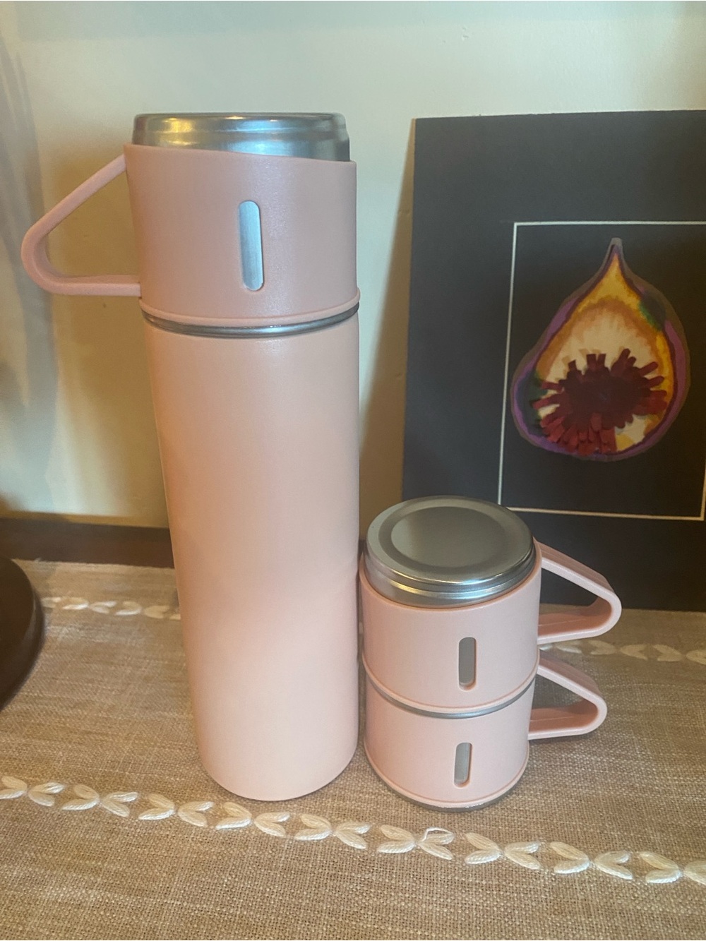 Pink Insulated Stainless Steel Water Bottle with Stackable Cups
